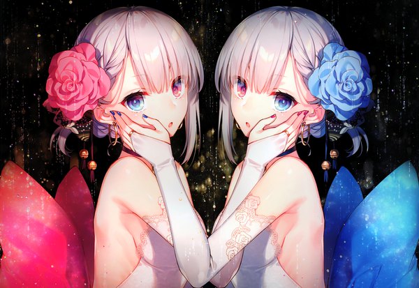 Anime picture 4881x3366 with original toosaka asagi looking at viewer fringe highres short hair breasts blue eyes light erotic hair between eyes red eyes bare shoulders multiple girls absurdres silver hair upper body braid (braids) nail polish hair flower scan