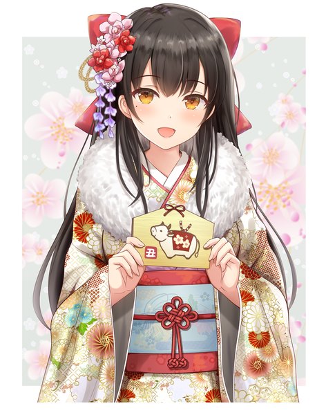 Anime picture 1180x1500 with original kirimoti34 single long hair tall image looking at viewer blush fringe open mouth black hair smile holding yellow eyes blunt bangs traditional clothes :d japanese clothes hair flower mole wide sleeves