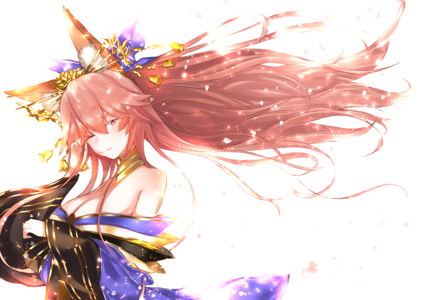 Anime picture 5016x3541 with fate (series) fate/grand order tamamo (fate) (all) tamamo no mae (fate) ls08b single long hair looking at viewer blush fringe highres breasts light erotic hair between eyes large breasts white background bare shoulders brown eyes animal ears payot