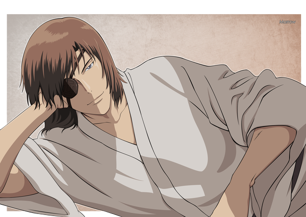 Anime picture 2500x1771 with sengoku basara production i.g date masamune morrow single highres simple background brown hair traditional clothes japanese clothes light smile wide sleeves arm support border vector boy eyepatch yukata