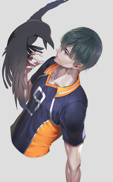 Anime picture 1600x2560 with haikyuu!! production i.g kageyama tobio torano single tall image fringe short hair blue eyes black hair simple background hair between eyes looking away upper body parted lips profile from above grey background bird on hand boy