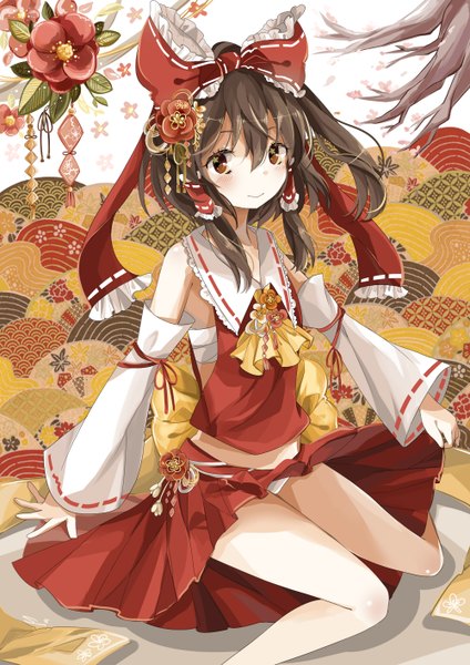 Anime picture 1000x1414 with touhou hakurei reimu sumi mi single long hair tall image light erotic black hair brown eyes pantyshot sitting miko girl skirt hair ornament bow hair bow detached sleeves miniskirt skirt set red skirt