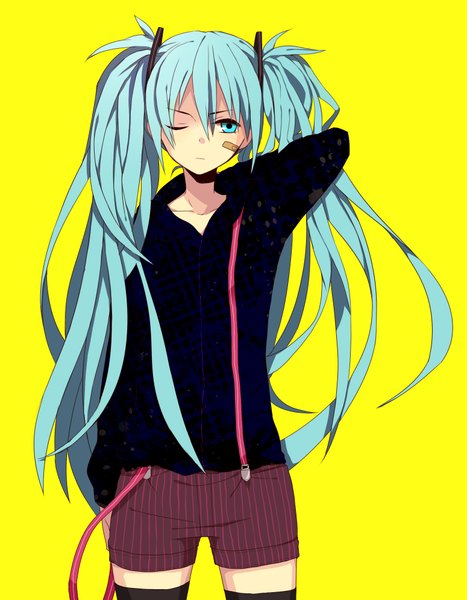 Anime picture 1550x1991 with vocaloid hatsune miku harusaki (176biz) single long hair tall image blue eyes simple background twintails one eye closed wink aqua hair striped yellow background bandaid on face girl thighhighs black thighhighs shorts bandaid