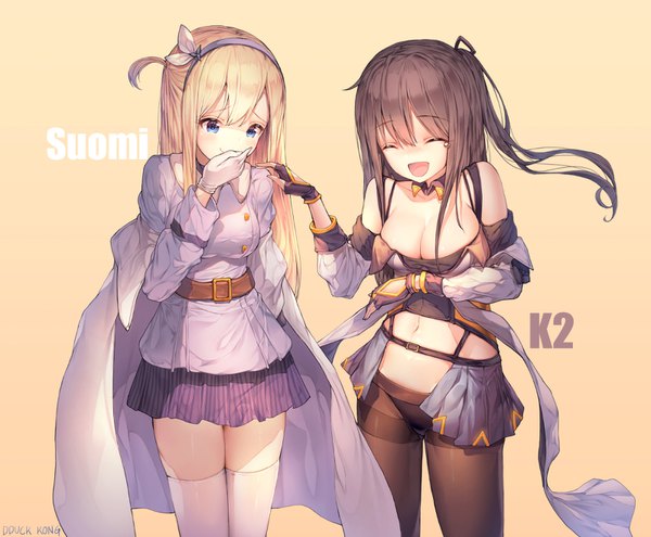 Anime picture 1600x1322 with girls frontline suomi kp31 (girls frontline) k-2 (girls frontline) lee seok ho long hair blush fringe breasts blue eyes light erotic blonde hair simple background smile hair between eyes brown hair standing multiple girls signed payot cleavage