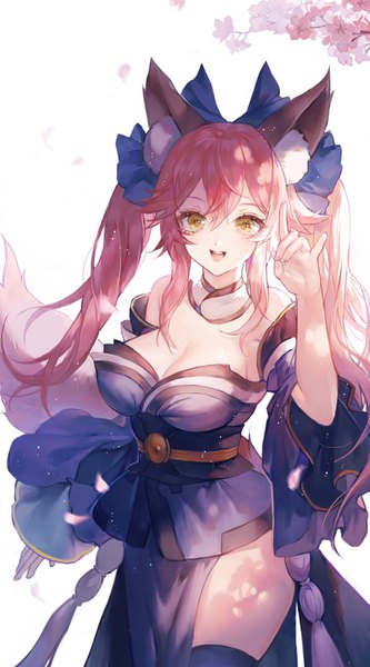 Anime picture 1910x3443 with fate (series) fate/extra tamamo (fate) (all) tamamo no mae (fate) maccha (mochancc) single long hair tall image looking at viewer blush fringe highres breasts open mouth light erotic smile hair between eyes large breasts standing white background