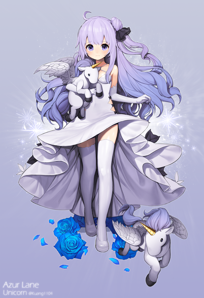 Anime picture 1200x1757 with azur lane unicorn (azur lane) kuang (kzhw7588) single long hair tall image looking at viewer blush fringe simple background purple eyes holding purple hair full body ahoge sparkle hair bun (hair buns) zettai ryouiki copyright name character names