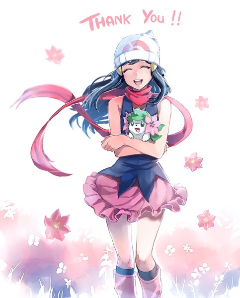 Anime picture 1000x1241 with pokemon pokemon dppt nintendo dawn (pokemon) shaymin obo (artist) single long hair tall image open mouth smile bare shoulders blue hair eyes closed wind inscription crossed arms frilly skirt gen 4 pokemon thank you