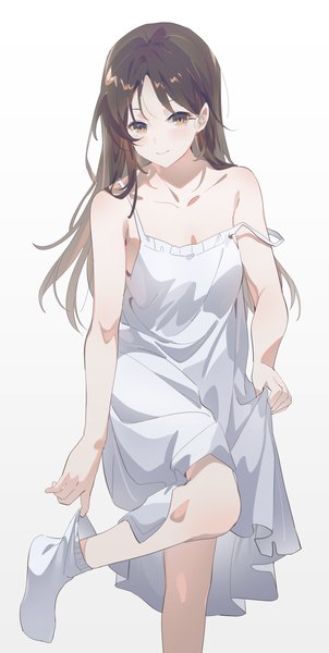 Anime picture 2650x5257 with original swkl:d single long hair tall image looking at viewer fringe highres simple background brown hair standing white background bare shoulders brown eyes standing on one leg strap slip girl dress socks white dress
