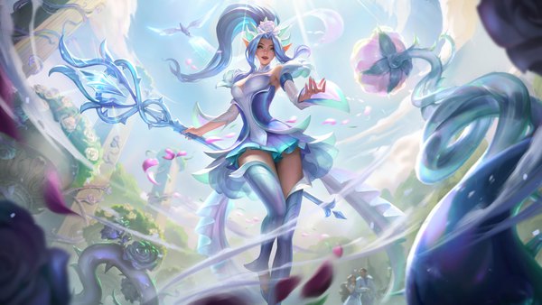 Anime picture 4096x2304 with league of legends janna windforce long hair looking at viewer highres open mouth wide image holding green eyes blue hair absurdres sky cloud (clouds) outdoors ponytail :d hair flower wind pointy ears sunlight