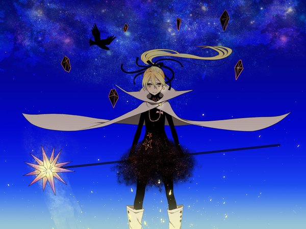 Anime picture 2048x1536 with original ku ko san long hair highres blonde hair sky blue background witch girl dress ribbon (ribbons) animal pantyhose boots bird (birds) star (stars) jewelry cloak staff crystal