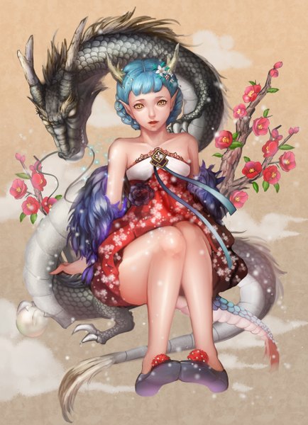Anime picture 1796x2480 with original quarterly pixiv 8 seifuku yeomang tall image highres short hair open mouth yellow eyes blue hair hair flower pointy ears realistic demon girl girl dress hair ornament flower (flowers) animal branch dragon