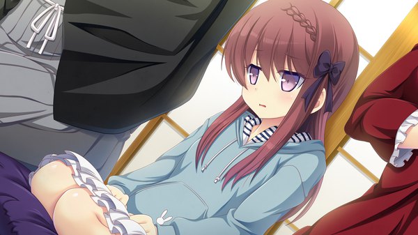 Anime picture 1280x720 with kanojo step kano shiina long hair brown hair wide image sitting purple eyes looking away game cg girl bow hair bow child (children)