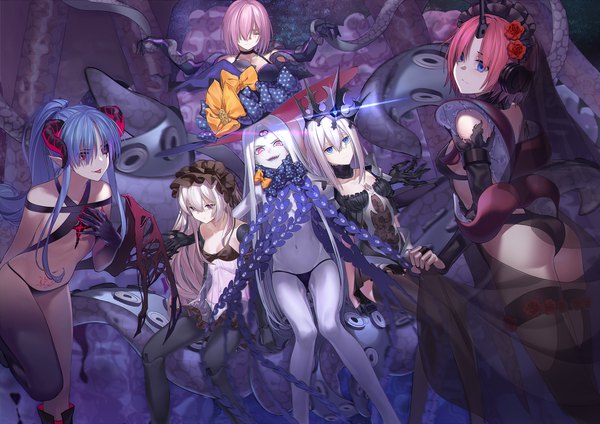 Anime picture 2500x1769 with fate (series) fate/grand order mash kyrielight abigail williams (fate) marie antoinette (fate/grand order) frankenstein's monster (fate) caster abigail williams (third ascension) (fate) nursery rhyme (fate/extra) caster lily qiongsheng long hair fringe highres short hair breasts open mouth blue eyes light erotic smile