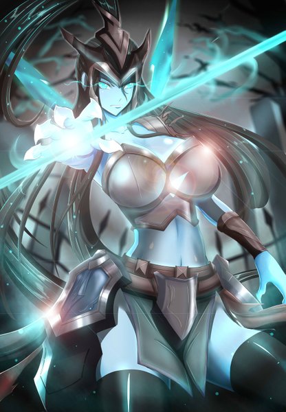 Anime picture 1024x1475 with league of legends kalista (league of legends) torahime (roland00) single long hair tall image looking at viewer breasts blue eyes black hair large breasts bare belly blue skin girl thighhighs weapon black thighhighs armor helmet