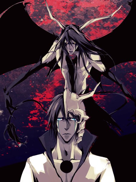 Anime picture 1000x1333 with bleach studio pierrot ulquiorra schiffer naktata long hair tall image looking at viewer short hair blue eyes black hair yellow eyes tail traditional clothes japanese clothes horn (horns) fingernails tattoo facial mark long fingernails muscle