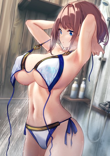 Anime picture 2893x4092 with original hitoyo (baffu) baffu single tall image blush fringe highres short hair breasts open mouth blue eyes light erotic brown hair standing payot looking away indoors blurry arms up