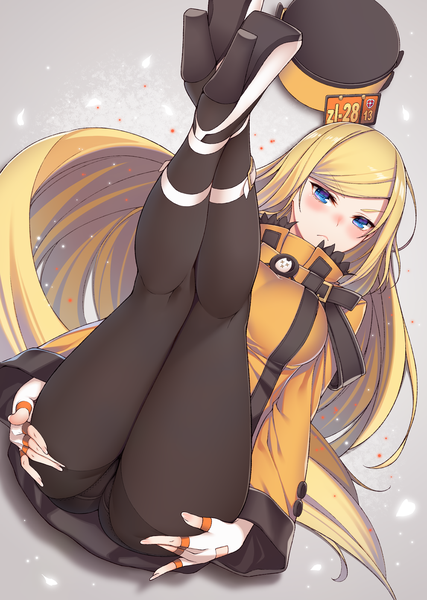 Anime-Bild 1000x1406 mit guilty gear millia rage ray-akila single long hair tall image looking at viewer blush fringe breasts blue eyes light erotic simple background blonde hair white background full body ass high heels crossed legs hat removed