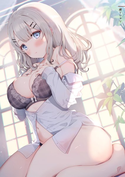 Anime picture 2490x3523 with original kat (bu-kunn) single long hair tall image looking at viewer blush fringe highres breasts blue eyes light erotic large breasts sitting bare shoulders indoors long sleeves grey hair sunlight scan