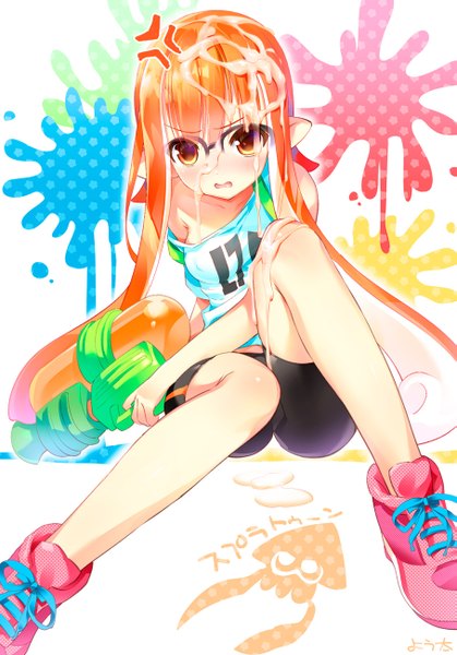 Anime picture 907x1300 with splatoon nintendo inkling youta single long hair tall image looking at viewer blush fringe open mouth light erotic sitting bent knee (knees) white hair multicolored hair pointy ears orange hair no bra orange eyes
