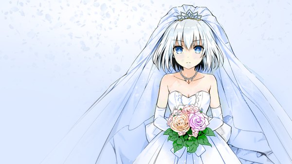 Anime picture 2667x1500 with date a live tobiichi origami alvin chong single looking at viewer blush fringe highres short hair breasts blue eyes simple background hair between eyes wide image standing bare shoulders holding silver hair blue background girl