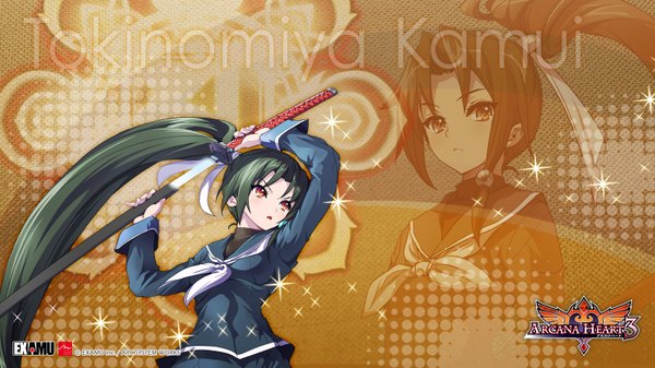 Anime picture 1600x900 with arcana heart single long hair open mouth wide image ponytail inscription zoom layer girl uniform weapon school uniform sword katana sheath
