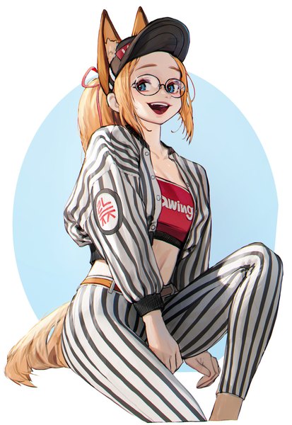 Anime picture 1107x1608 with original rinotuna single long hair tall image open mouth blue eyes simple background blonde hair smile animal ears payot ponytail tail long sleeves animal tail open jacket striped girl glasses