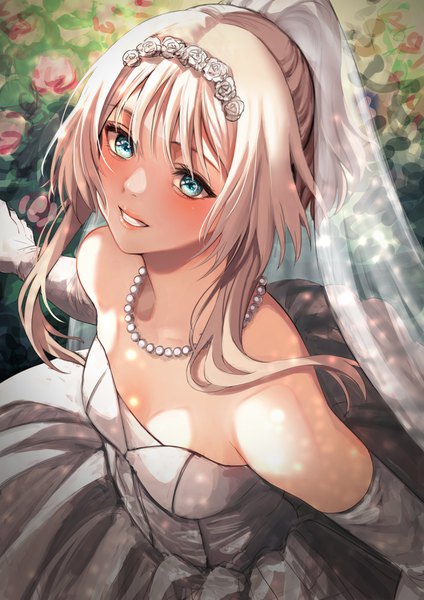 Anime picture 2894x4093 with girls frontline an-94 (girls frontline) rin (028ilc) single tall image looking at viewer blush fringe highres short hair blue eyes blonde hair smile hair between eyes standing bare shoulders payot outdoors ponytail parted lips