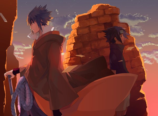 Anime picture 2046x1506 with naruto studio pierrot naruto (series) uchiha sasuke tosyoen highres short hair open mouth blue eyes red eyes standing looking away sky purple hair cloud (clouds) profile evening sunset dual persona spiked hair