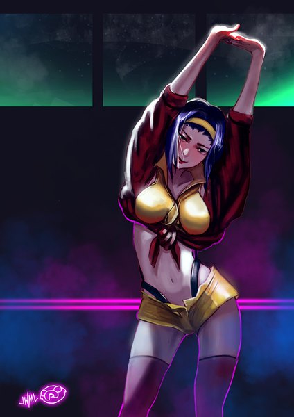 Anime picture 764x1080 with cowboy bebop sunrise (studio) faye valentine justin leyva (steamy tomato) single tall image short hair standing signed blue hair arms up midriff lipstick red lipstick highleg girl thighhighs shorts short shorts headband