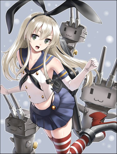 イラスト 700x921 と 艦隊これくしょん 島風(艦これ) 連装砲ちゃん 連装砲くん 竹森真太郎 ソロ 長髪 長身像 カメラ目線 前髪 開いた口 金髪 hair between eyes 肩出し 緑の目 bent knee (knees) head tilt 絶対領域 framed :3