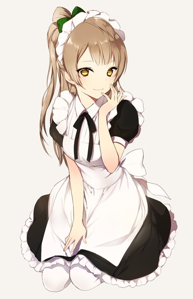 Anime picture 596x920 with love live! school idol project sunrise (studio) love live! minami kotori lpip single long hair tall image looking at viewer blush simple background brown hair white background sitting brown eyes maid one side up girl thighhighs dress