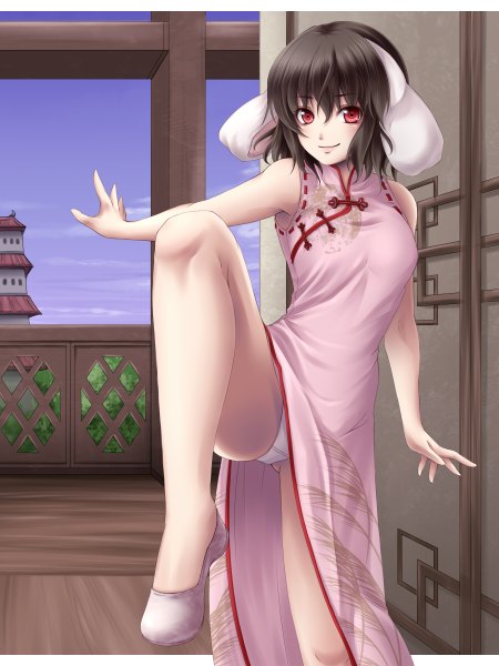 Anime picture 900x1200 with touhou inaba tewi mochi.f single tall image short hair light erotic black hair red eyes animal ears bunny ears pantyshot legs chinese clothes girl underwear panties white panties chinese dress