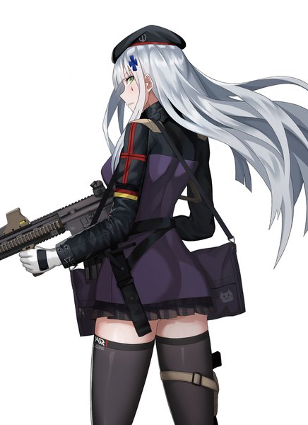 Anime picture 1455x2000 with girls frontline hk416 (girls frontline) cero (last2stage) single long hair tall image fringe light erotic simple background standing white background holding green eyes silver hair ass profile facial mark clothes writing animal print flag print