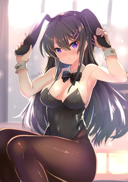 Anime picture 848x1200 with seishun buta yarou cloverworks sakurajima mai xephonia single long hair tall image looking at viewer blush fringe breasts light erotic black hair hair between eyes purple eyes bare shoulders holding signed animal ears payot