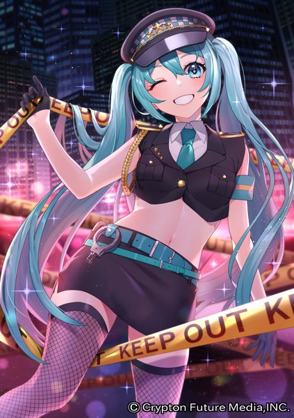 Anime picture 595x842 with hatsune miku graphy collection vocaloid crypton future media hatsune miku peta (snc7) single long hair tall image looking at viewer smile twintails outdoors one eye closed aqua eyes wink aqua hair night official art sparkle midriff