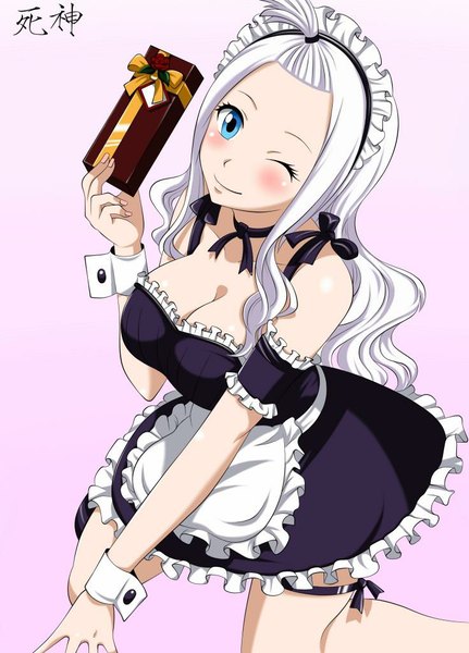 Anime picture 736x1024 with fairy tail mirajane strauss sophie4391 single long hair tall image blush blue eyes simple background smile bare shoulders ahoge white hair one eye closed wink maid coloring valentine girl wrist cuffs