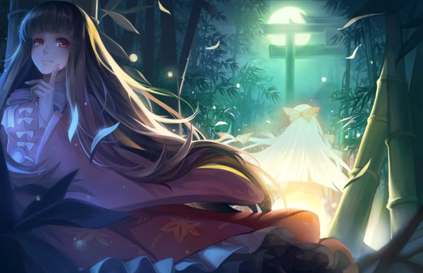 Anime picture 4905x3167 with touhou fujiwara no mokou houraisan kaguya scarlet moon long hair looking at viewer fringe highres black hair blonde hair red eyes standing multiple girls absurdres outdoors blunt bangs traditional clothes japanese clothes light smile night