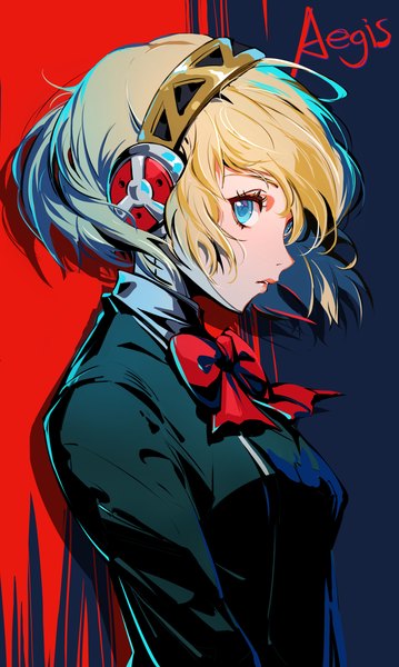 Anime picture 2750x4592 with persona 3 persona 3 reload persona aegis kumo33 single tall image highres short hair blue eyes blonde hair upper body profile character names girl headphones bowtie