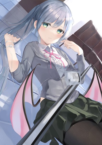 Anime picture 2895x4096 with original zukan (db tyoutyo) single long hair tall image looking at viewer blush fringe highres hair between eyes green eyes payot indoors lying grey hair dutch angle bat wings partially open clothes floor girl