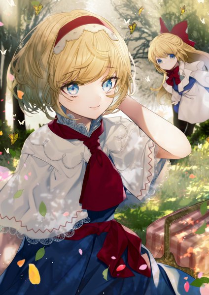 Anime picture 2893x4092 with touhou alice margatroid shanghai renkarua single long hair tall image highres short hair blue eyes blonde hair outdoors light smile half updo girl bow plant (plants) hair bow petals tree (trees)