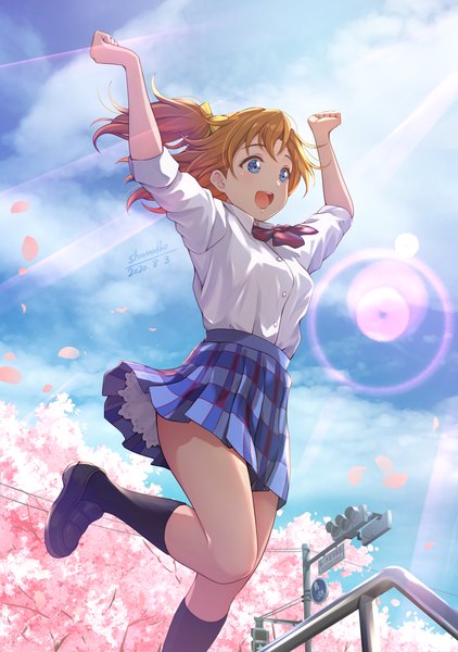 Anime picture 1274x1812 with love live! school idol project sunrise (studio) love live! kousaka honoka shamakho single tall image blush fringe short hair open mouth blue eyes smile signed looking away :d orange hair arms up one side up cherry blossoms