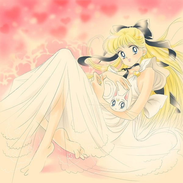 Anime picture 1000x1000 with bishoujo senshi sailor moon toei animation aino minako artemis (sailor moon) princess venus ash (valery ash) long hair blue eyes blonde hair holding bent knee (knees) barefoot crossed legs reclining girl dress ribbon (ribbons) hair ribbon earrings animal