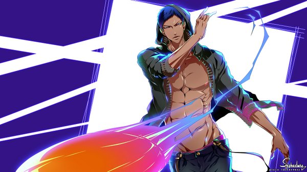 Anime picture 1440x810 with kuroko no basket production i.g aomine daiki sepherlutz (artist) single short hair blue eyes light erotic wide image blue hair open clothes open jacket bare belly dark skin muscle boy jacket hood ball suspenders