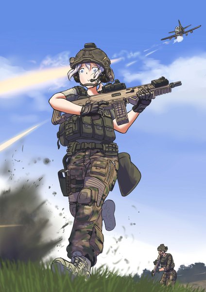 Anime picture 2893x4092 with arma (series) erica (naze1940) long hair tall image fringe highres blue eyes hair between eyes holding looking away sky cloud (clouds) full body outdoors white hair ponytail from below smoke running explosion