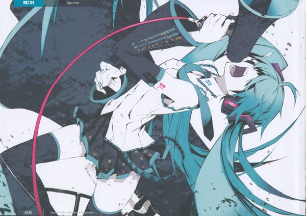 Anime picture 6010x4252 with vocaloid koi wa sensou (vocaloid) hatsune miku miwa shirow single long hair highres open mouth twintails signed blue hair ahoge nail polish scan hair over eyes girl thighhighs skirt detached sleeves miniskirt