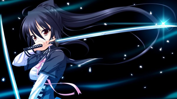 Anime picture 1280x720 with endless dungeon vell sein suzume miku single long hair looking at viewer black hair red eyes wide image game cg ponytail dark background girl dress weapon petals sword katana