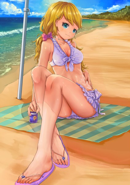 Anime picture 1500x2128 with original fangxiang cuoluan single long hair tall image looking at viewer blush blue eyes light erotic blonde hair smile sitting bare shoulders sky cloud (clouds) barefoot beach girl hair ornament swimsuit
