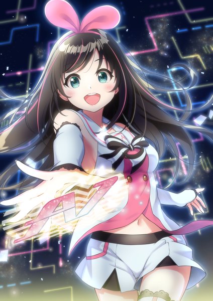 Anime picture 2894x4093 with virtual youtuber a.i. channel kizuna ai girugiru (tektonics6588) single long hair tall image looking at viewer blush fringe highres breasts open mouth black hair smile standing :d multicolored hair aqua eyes two-tone hair