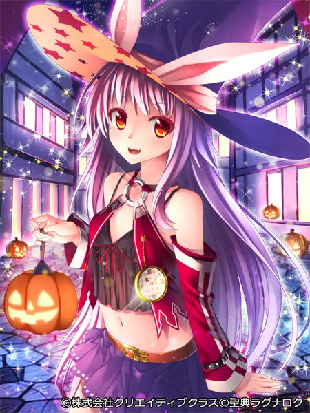 Anime picture 600x800 with seiten ragnarok pochadon single long hair tall image looking at viewer open mouth red eyes animal ears white hair bunny ears halloween girl skirt navel hat witch hat clock pocket watch