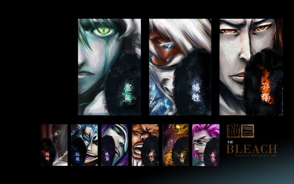 Anime picture 1680x1050 with bleach studio pierrot ulquiorra schiffer grimmjow jeagerjaques tia harribel nnoitra jiruga szayel aporro grantz coyote starrk blue eyes wide image green eyes orange eyes copyright name group espada animal eyes everyone mask